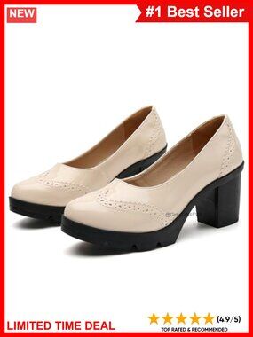 Patent Leather Wingtip Chunky Block Heel Pumps Round Toe Slip On Work Office